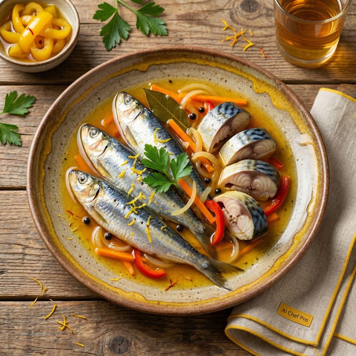 Ingredientes para escabeche: vinagre, laurel, especias, verduras