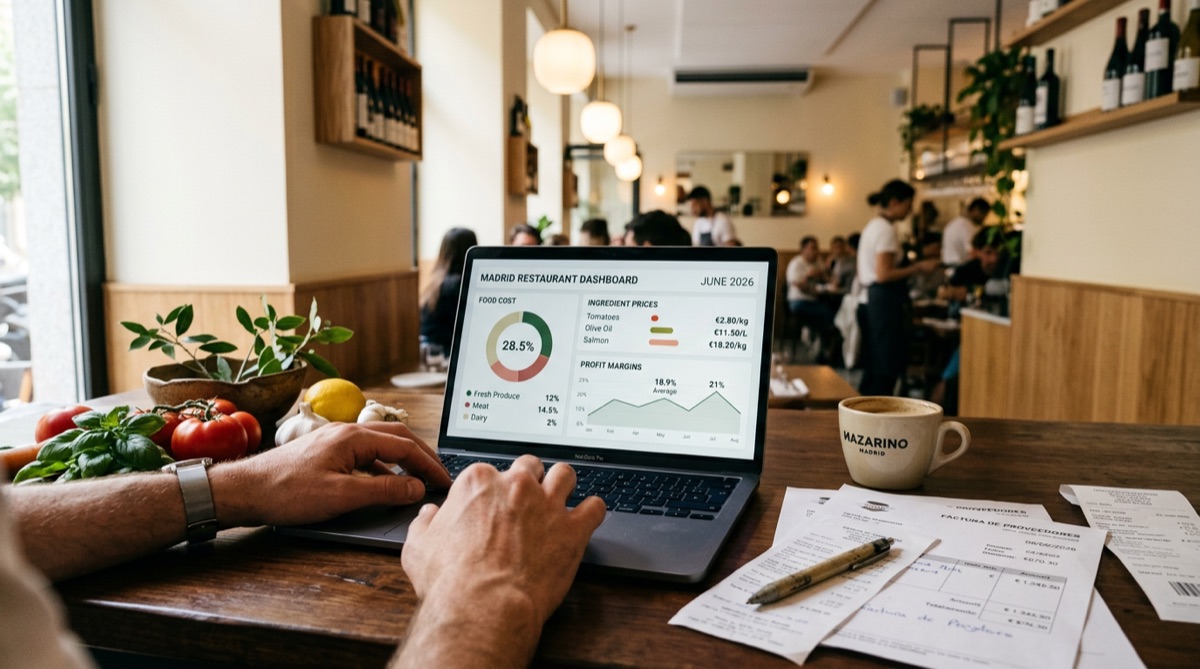 Dashboard de IA mostrando food cost y márgenes de rentabilidad del restaurante