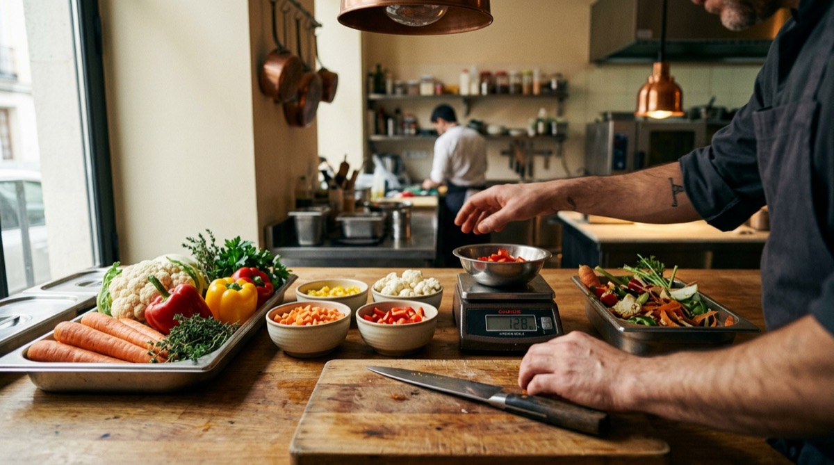 Control de mermas en cocina profesional con pesaje de ingredientes y porciones