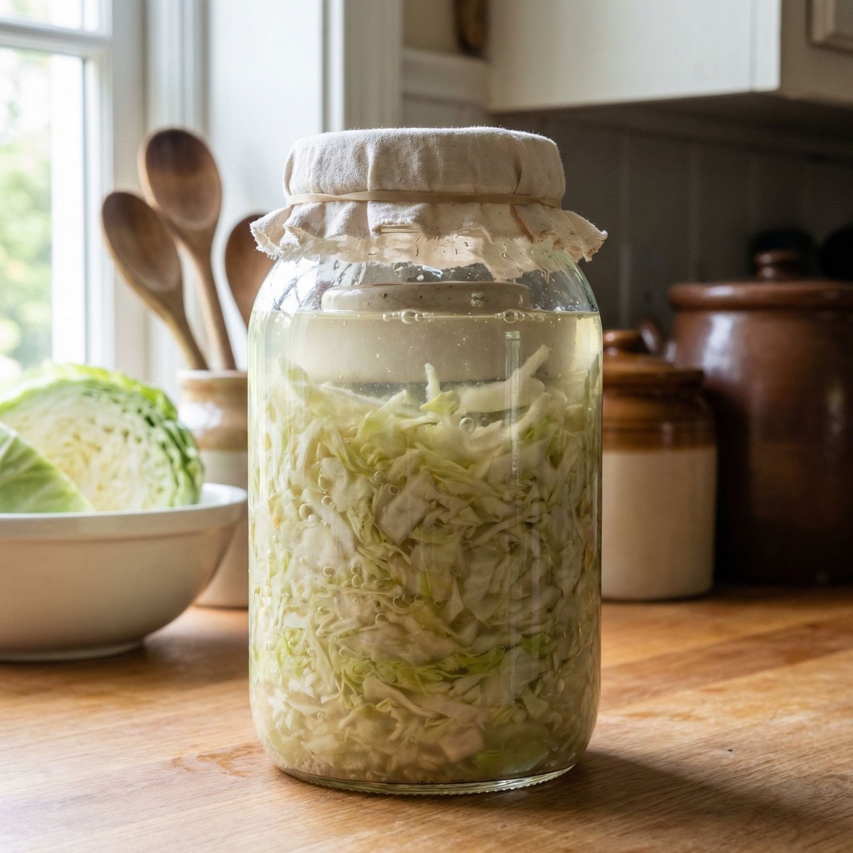 Fermentación de chucrut en tarro de vidrio