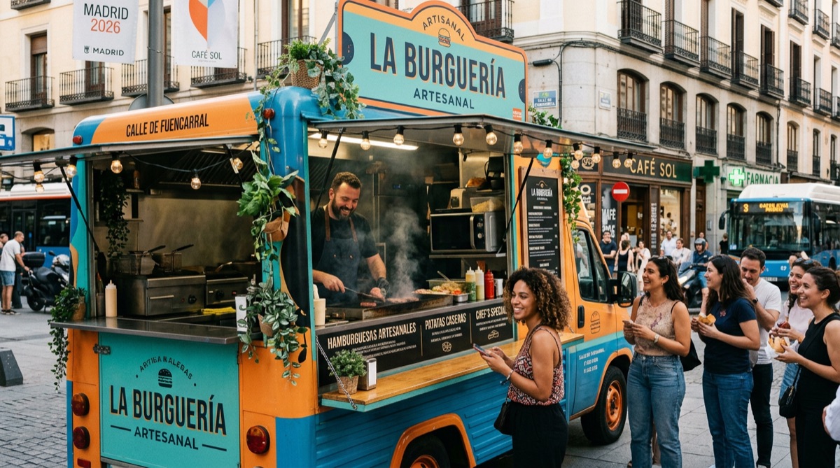 Food truck gourmet en calle de Madrid con cola de clientes y chef visible