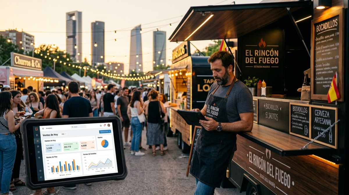 Propietario food truck analizando datos ventas con tablet