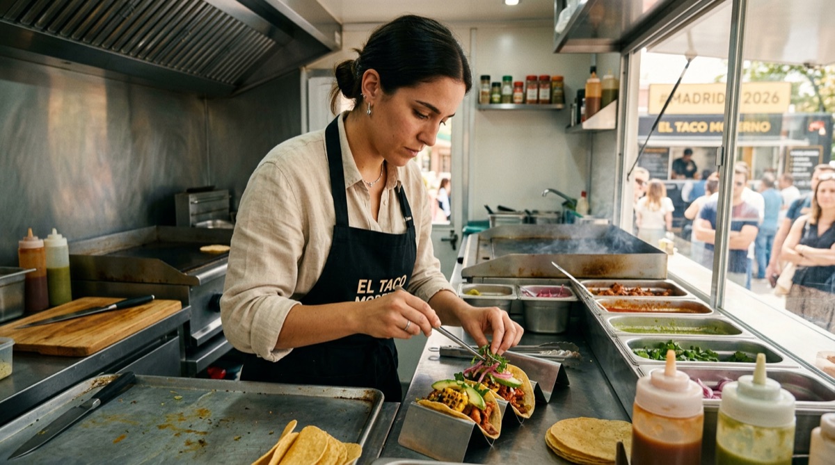 Interior cocina food truck con chef preparando platos gourmet