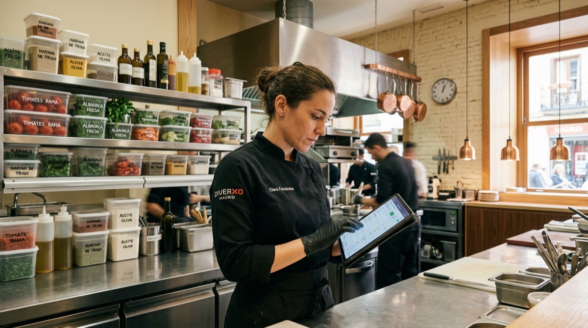 Chef profesional gestionando inventario con tablet en cocina de restaurante moderno