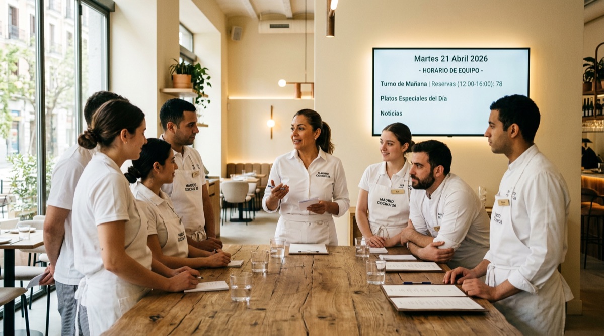 Equipo de restaurante en reunión con gerente revisando turnos en pantalla digital