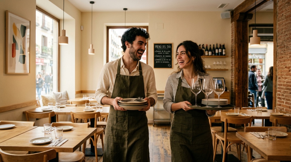 Camareros sonrientes preparando restaurante para servicio — un equipo motivado reduce la rotación