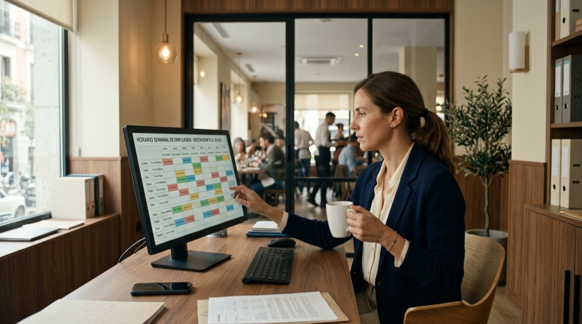 Responsable RRHH de restaurante planificando turnos con software IA en pantalla