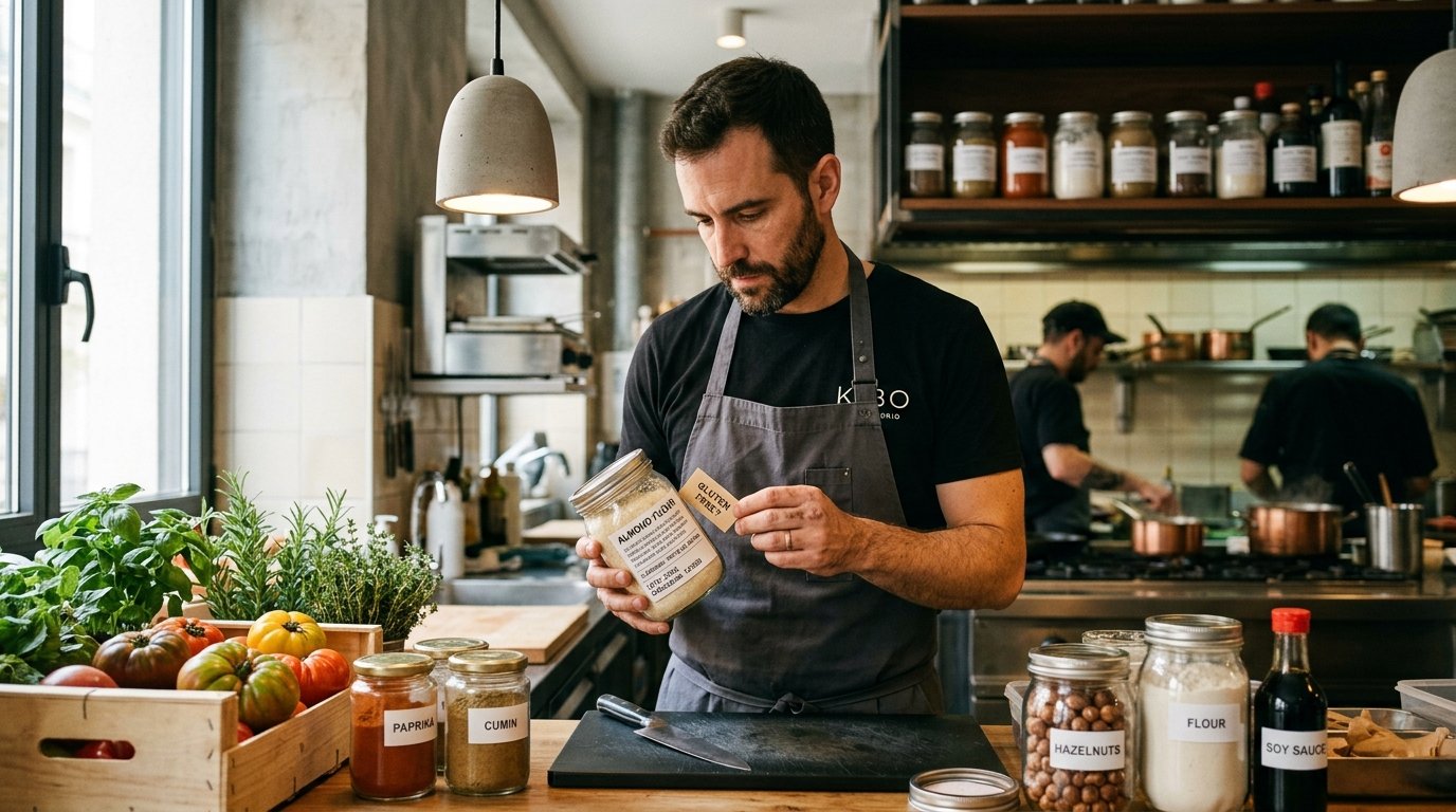 Chef revisando etiquetas de alérgenos en cocina profesional con inteligencia artificial