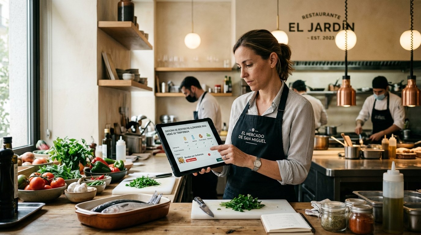 Gerente de restaurante usando sistema digital de gestión de alérgenos con IA en tablet