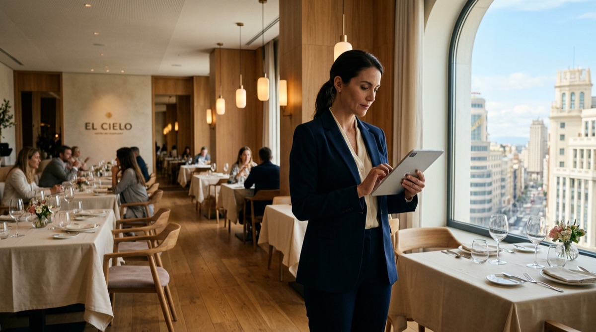 Directora de Food and Beverage en hotel revisando dashboard de inteligencia artificial con datos de costes y demanda