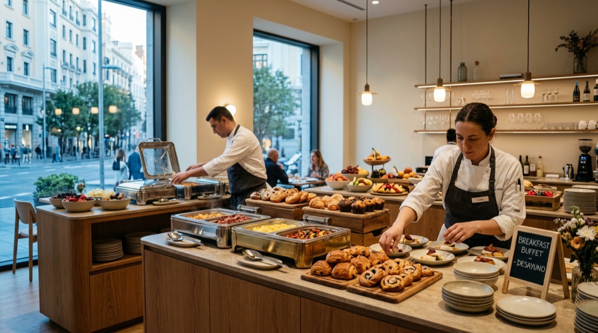 Equipo de cocina preparando buffet de desayuno en hotel con predicción de demanda IA