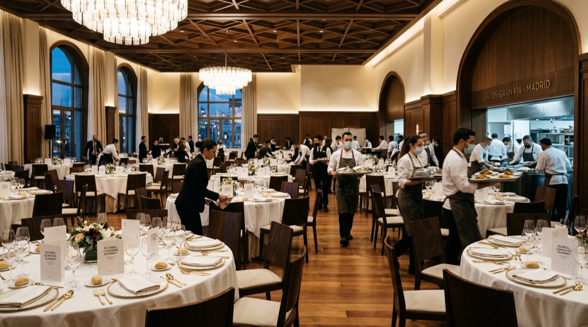 Salón de banquetes de hotel preparado para evento corporativo con planificación IA