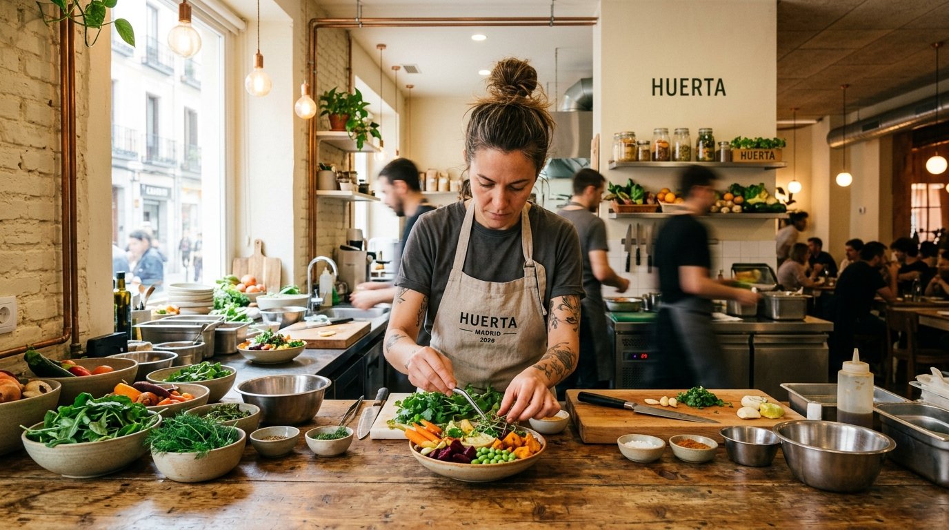 Chef preparando platos veganos con inteligencia artificial en restaurante plant-based Madrid 2026