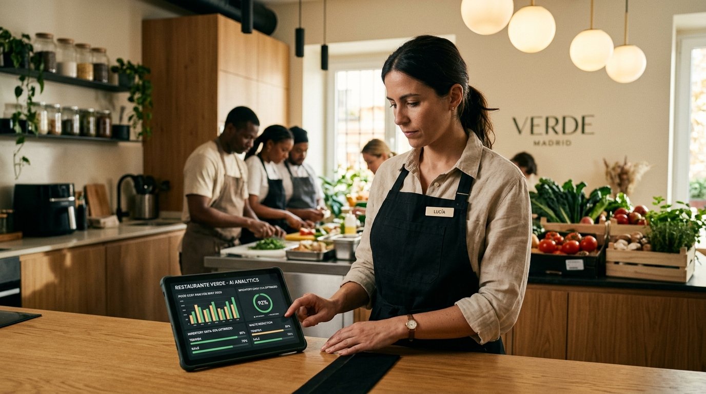 Gerente de restaurante vegano usando tablet con dashboard de inteligencia artificial para gestión de costes