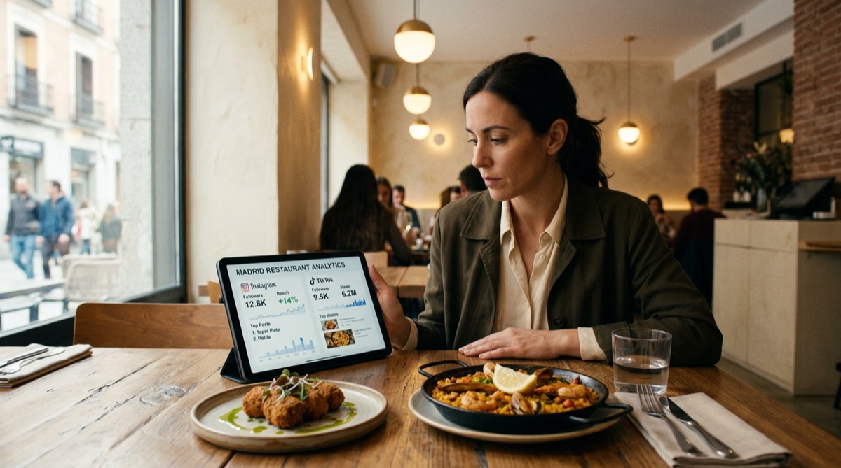 Gerente de restaurante analizando métricas de marketing digital y redes sociales con inteligencia artificial en tablet