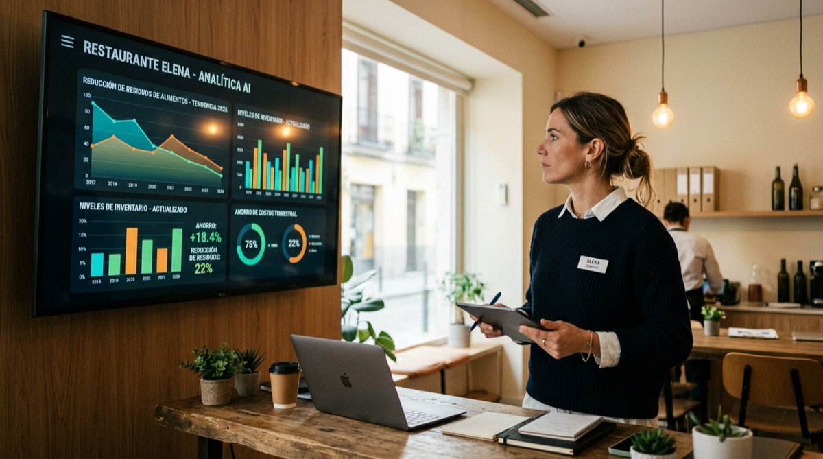 Dashboard de analítica IA mostrando reducción de mermas y desperdicios en restaurante