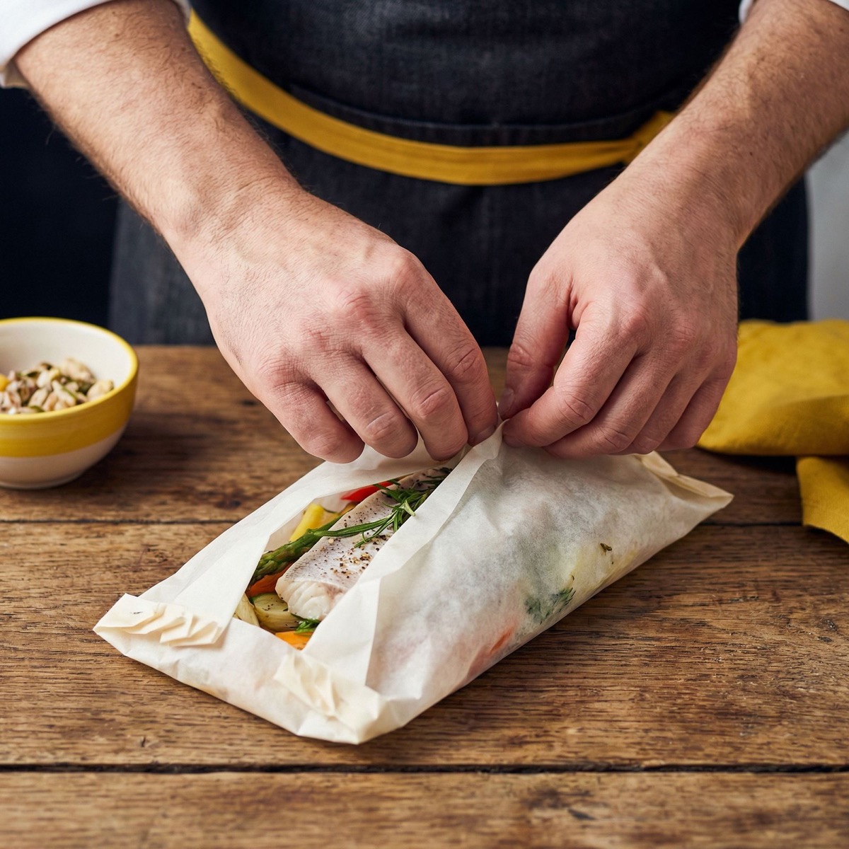 Chef preparando papillote con pescado y verduras