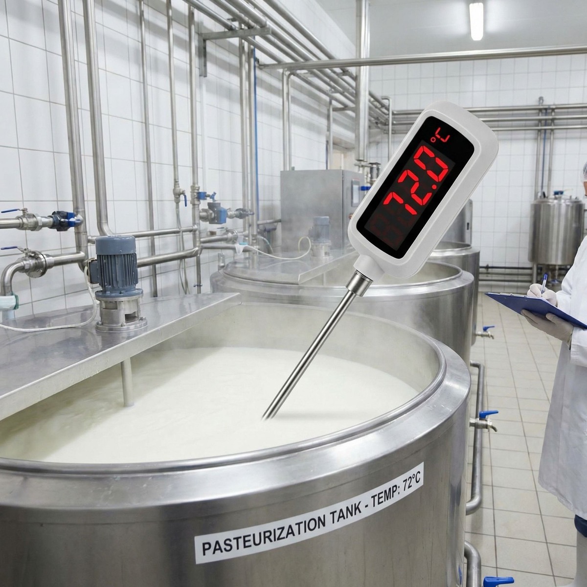 Termómetro mostrando temperatura de pasteurización