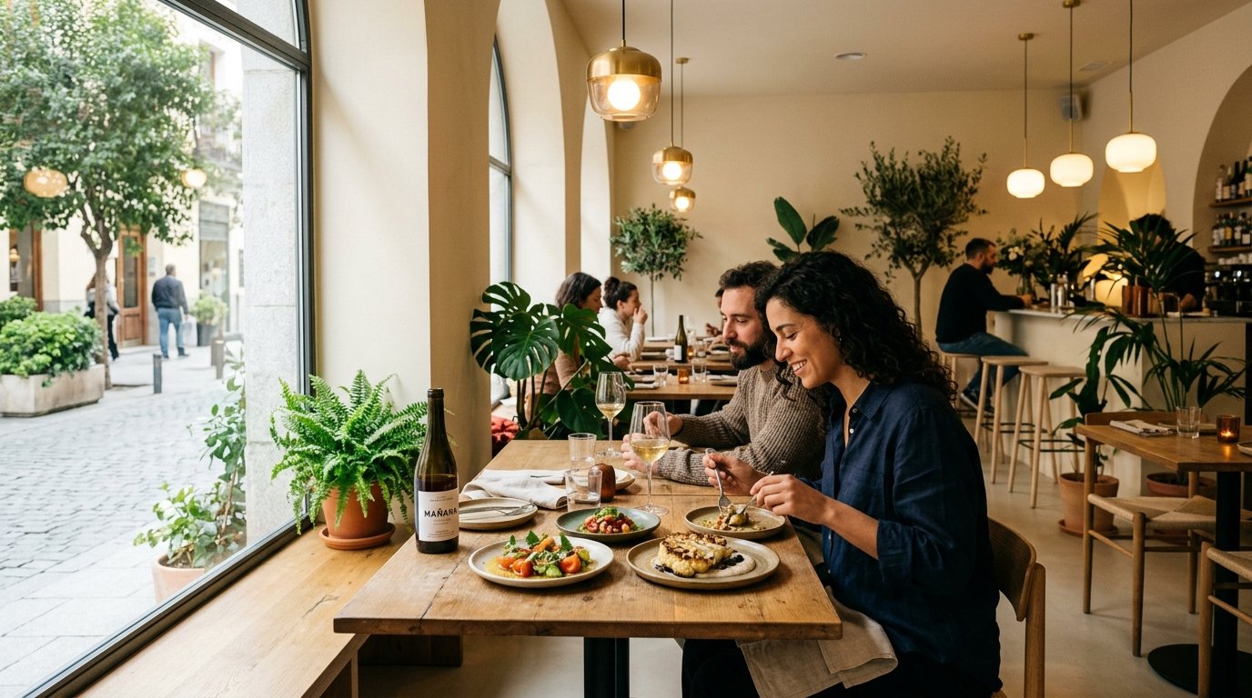 Interior restaurante vegano moderno en Madrid con platos plant-based servidos en mesa de madera
