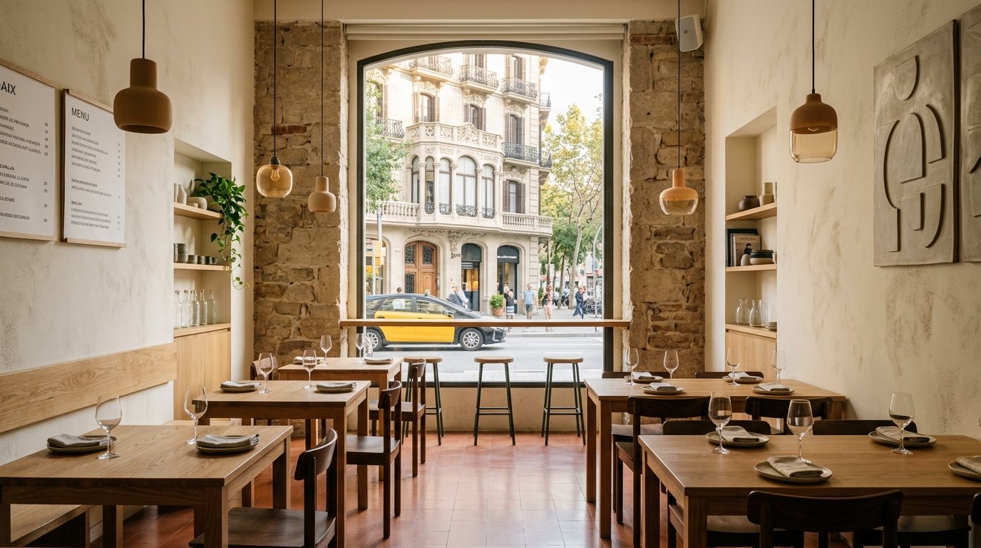 Interior de restaurante contemporaneo en Barcelona, representando la escena gastronomica local