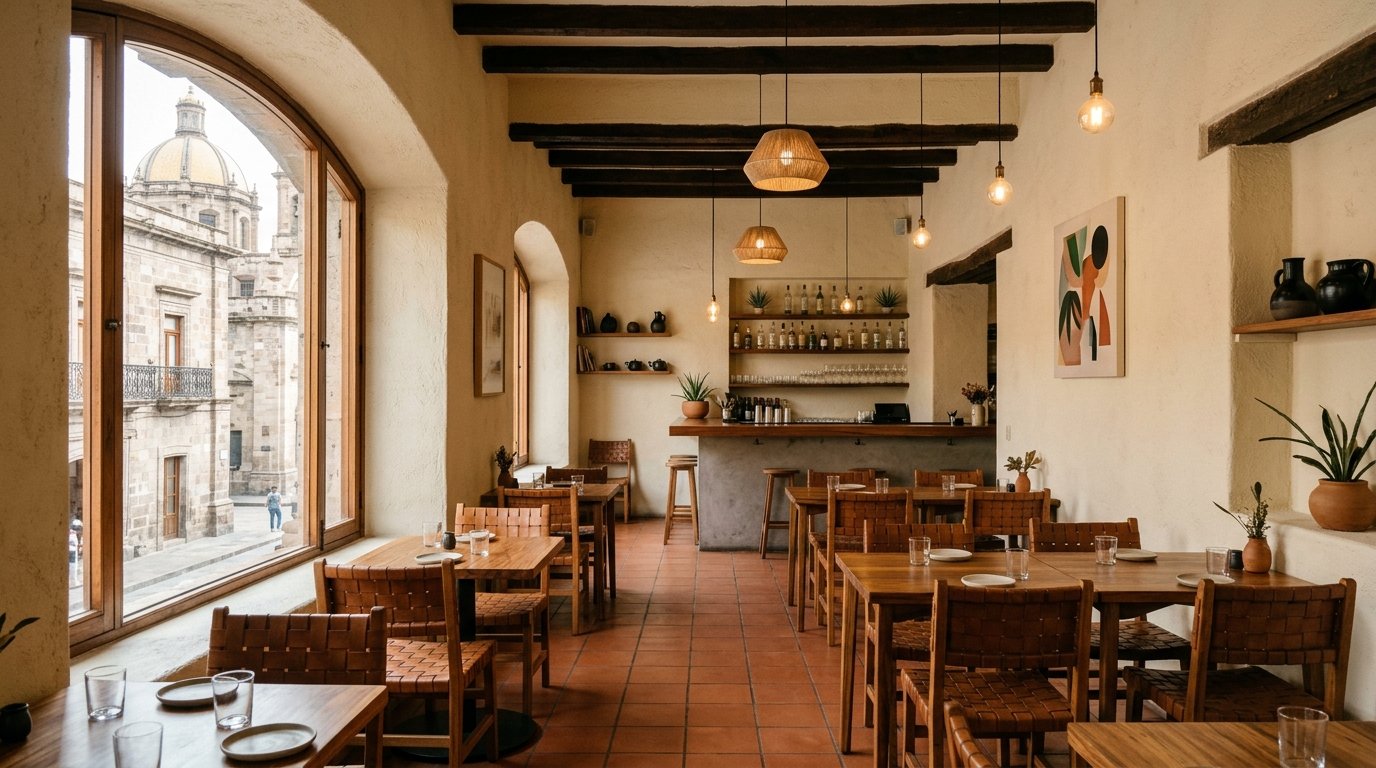 Interior de restaurante contemporaneo en Guadalajara, representando la escena gastronomica local