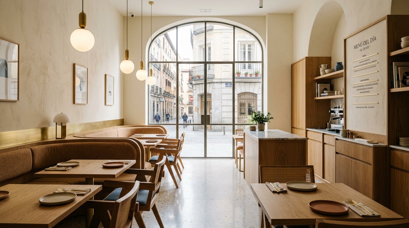 Interior de restaurante contemporaneo en Madrid, representando la escena gastronomica local