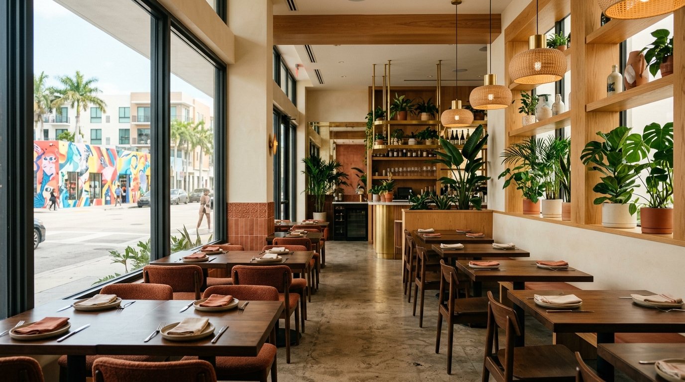 Interior de restaurante contemporaneo en Miami, representando la escena gastronomica local