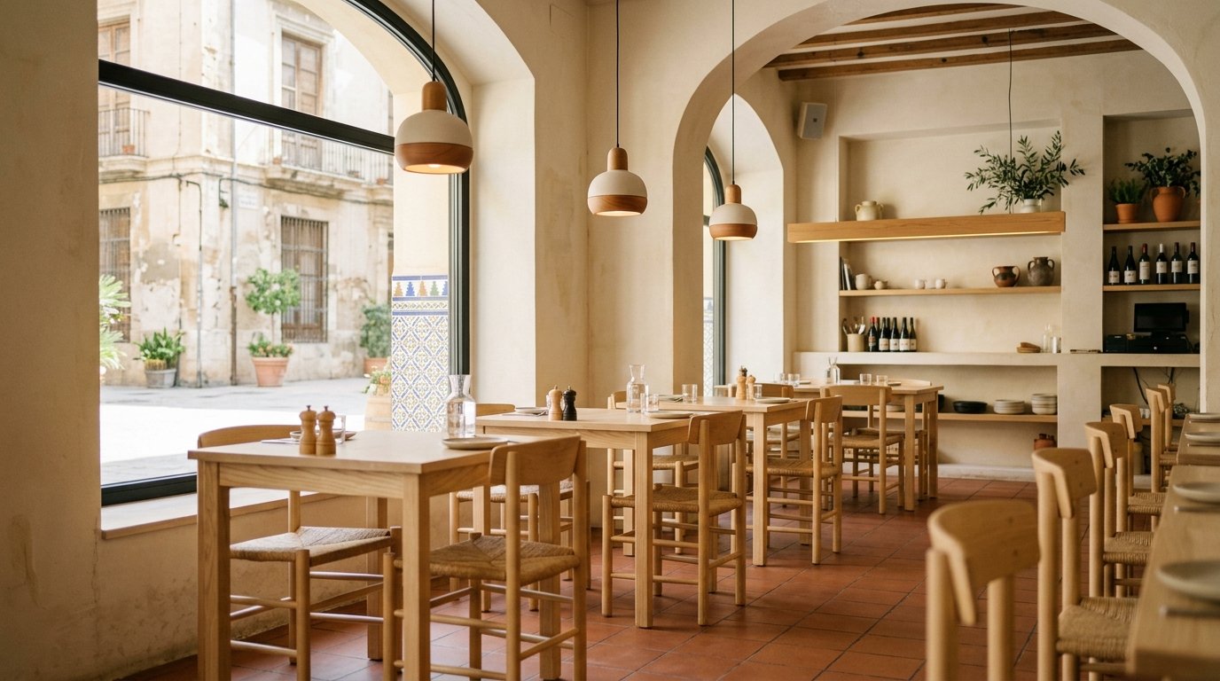Interior de restaurante contemporaneo en Valencia, representando la escena gastronomica local