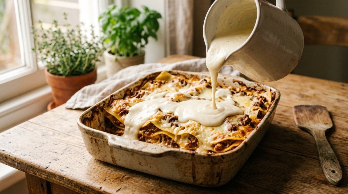 Bechamel napando una lasaña