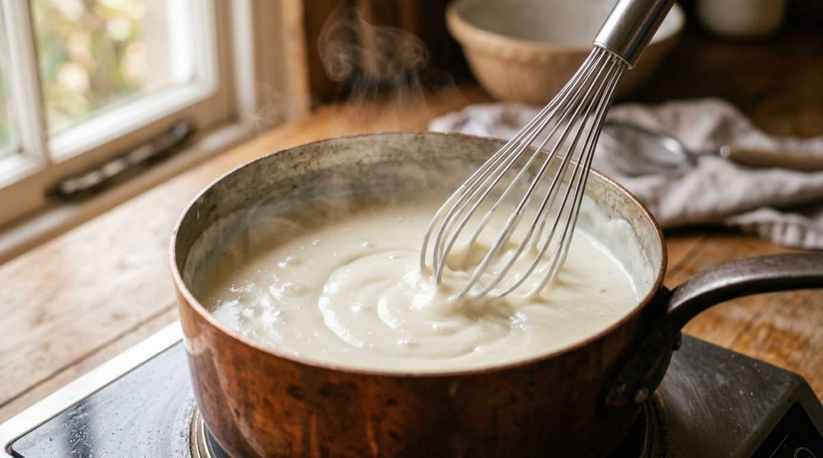 Salsa bechamel cremosa en un cazo