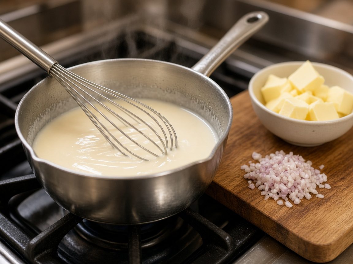 Cazo con salsa beurre blanc recién montada, varillas, dados de mantequilla fría y chalota picada