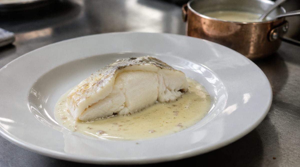 Rodaballo con salsa beurre blanc y un cazo de cobre con más salsa al fondo