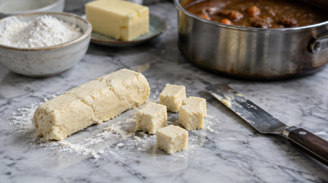 Beurre manié: pasta de mantequilla y harina en cilindro y en dados sobre mármol