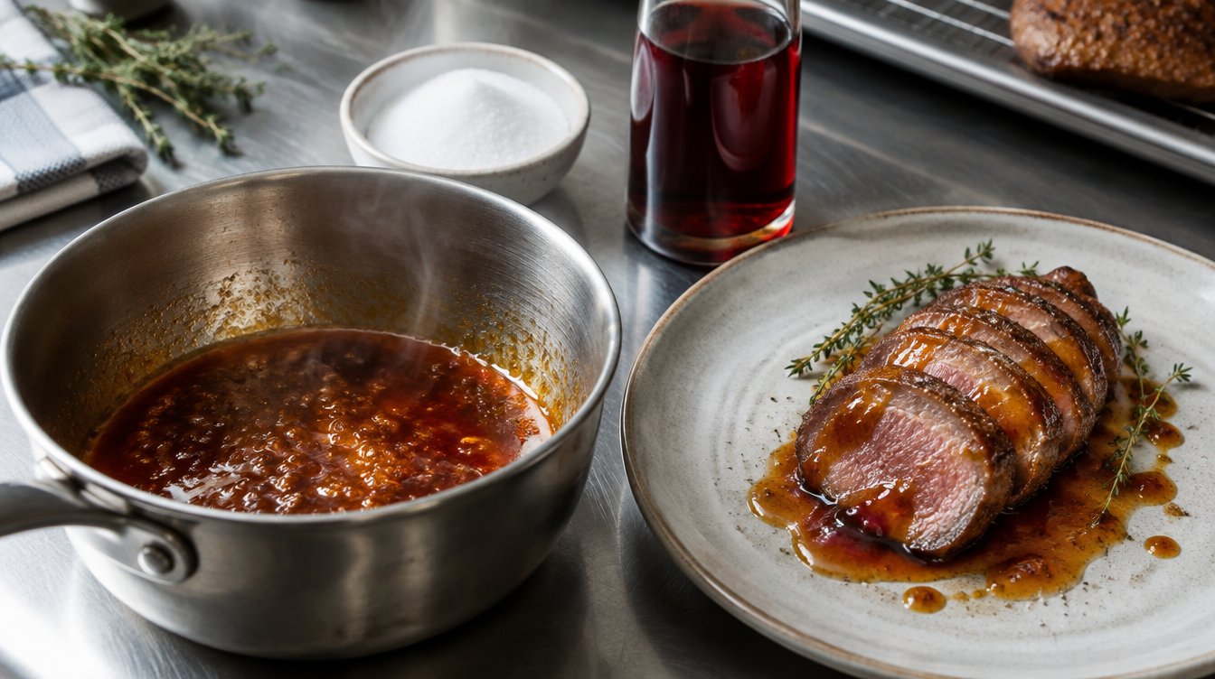 Gastrique de caramelo y vinagre en un cazo, junto a un plato de pato con la salsa