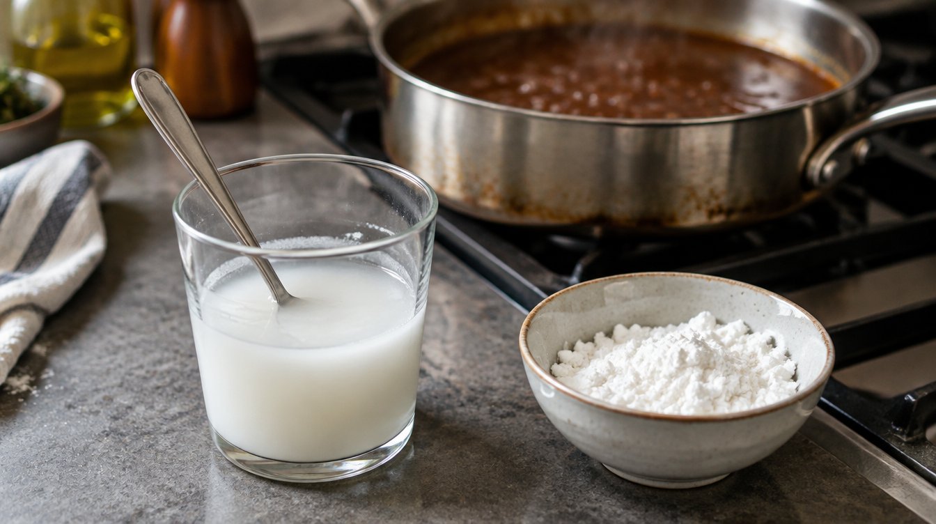 Maicena desleída en agua fría en un vaso, con un cazo de salsa oscura al fondo