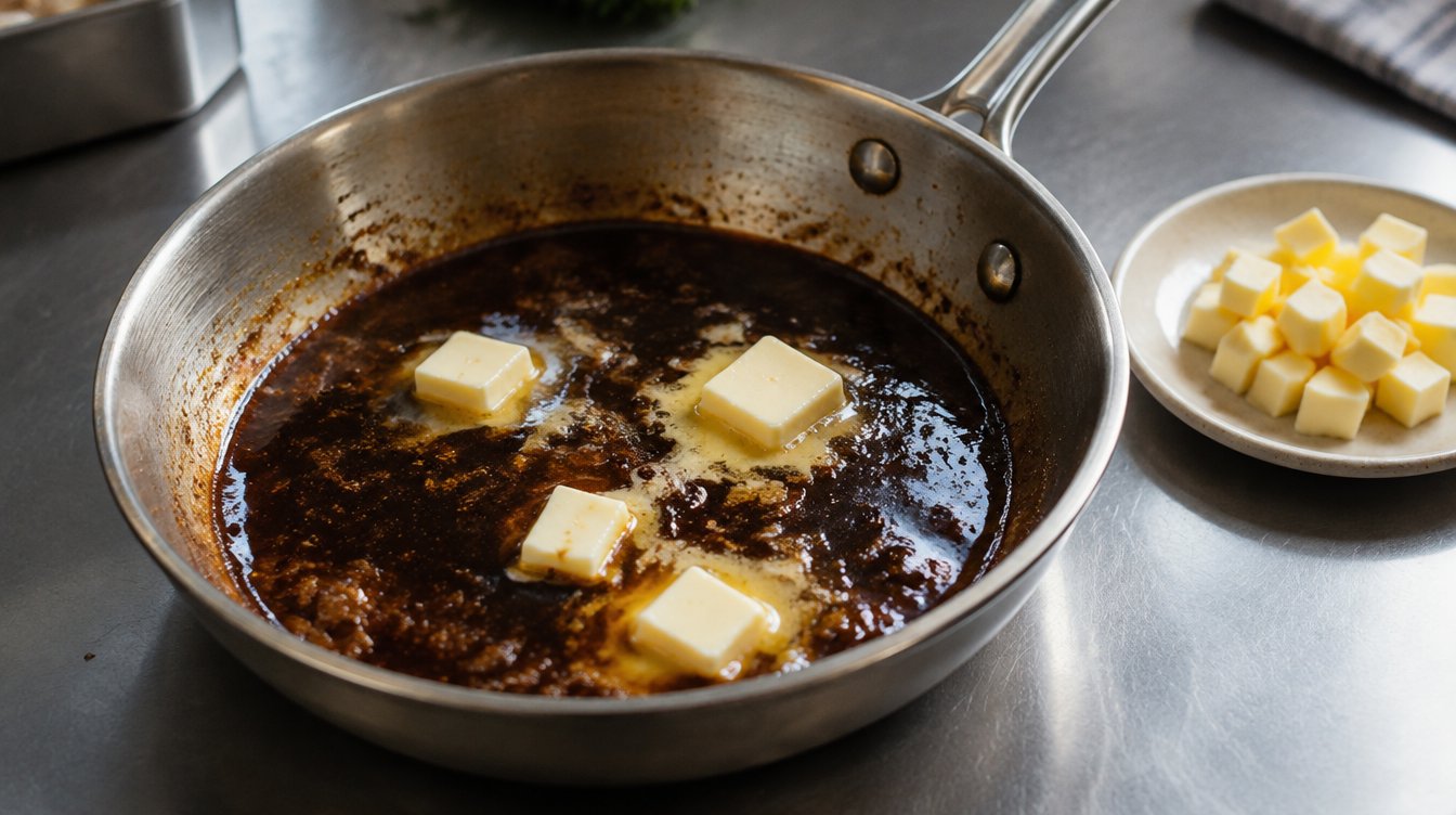 Dados de mantequilla fría fundiéndose en un jugo oscuro reducido, fuera del fuego