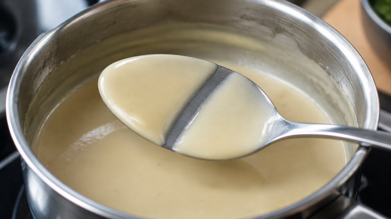 Salsa que napa el dorso de una cuchara, con una raya limpia que no se cierra