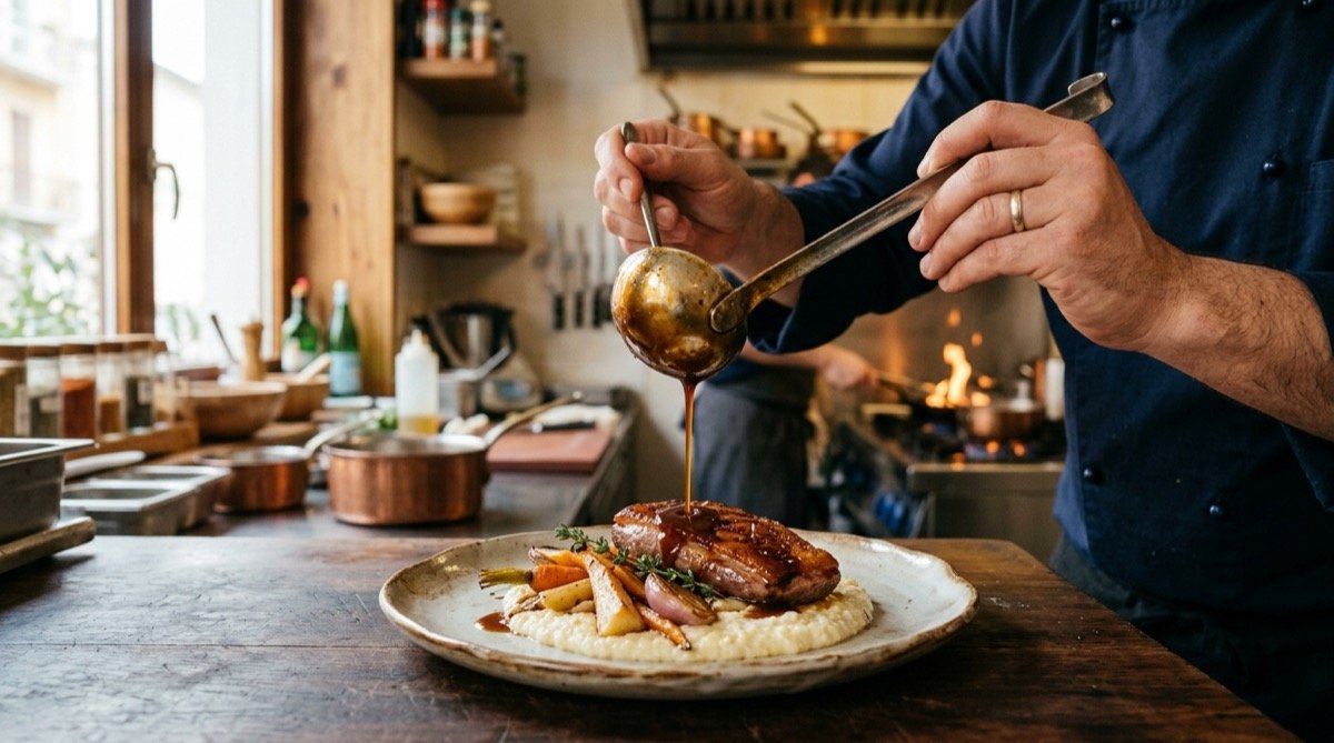 Chef napando un plato con salsa