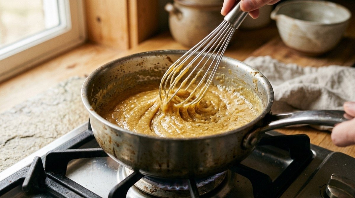 Roux dorado removido en un cazo