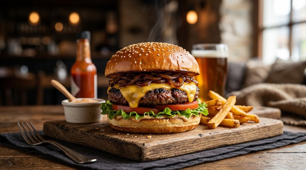 Hamburguesa gourmet artesana con carne jugosa, queso fundido y pan brioche