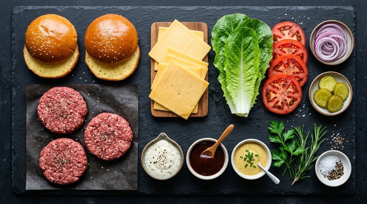Ingredientes premium de hamburguesa dispuestos por separado en flat-lay