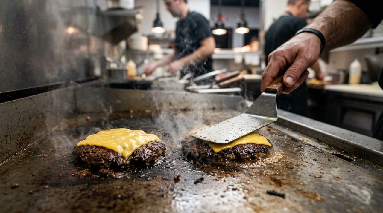 Smash burgers dorándose en la plancha con queso fundiéndose