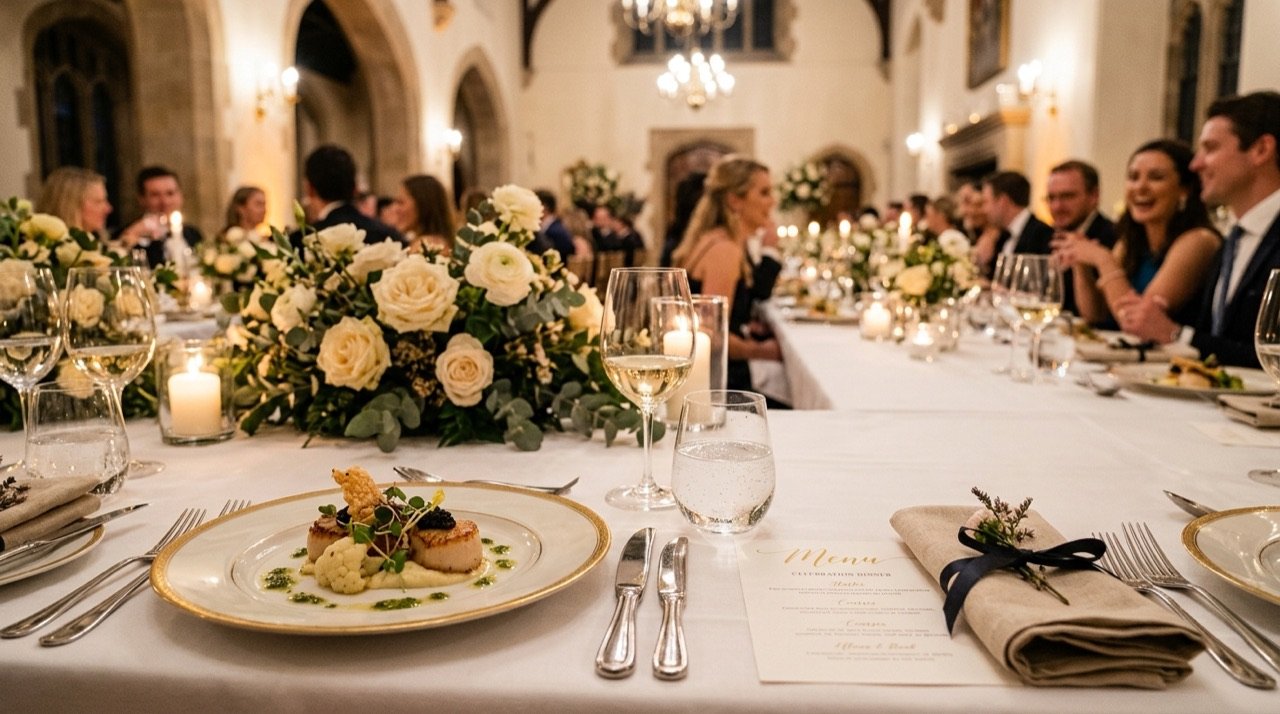 Mesa de banquete elegante montada para una celebración con entrantes emplatados