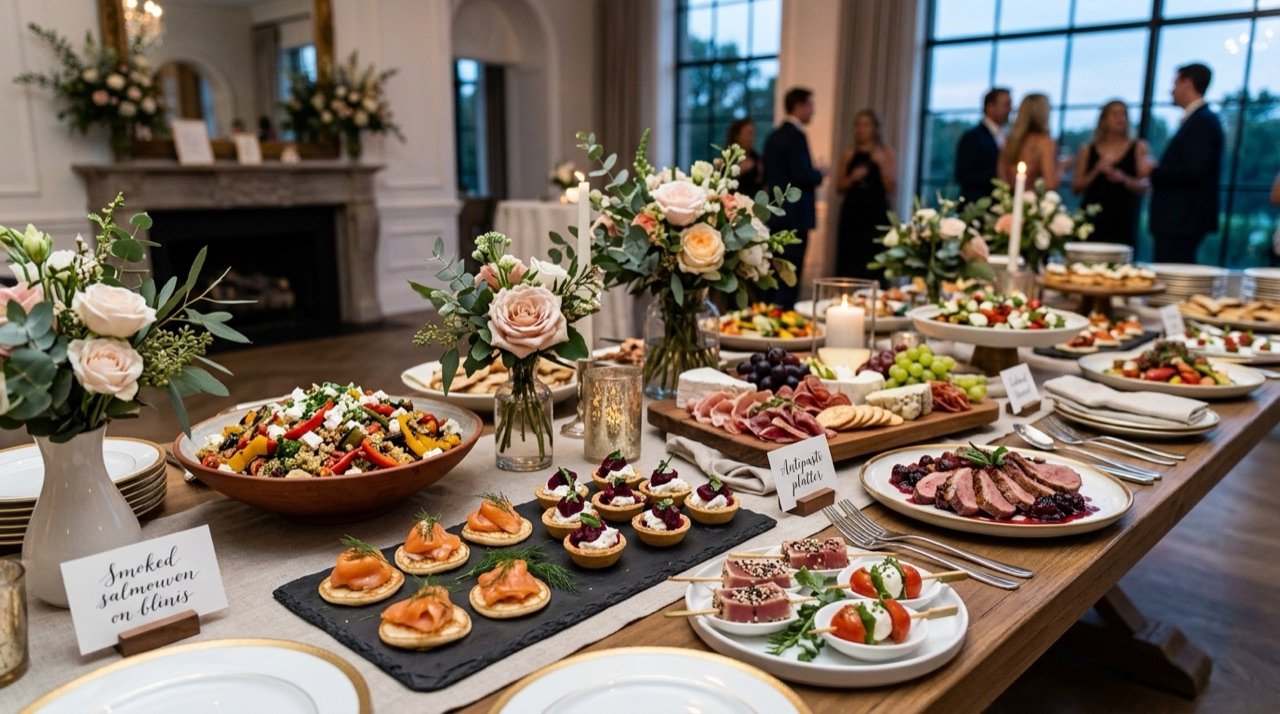 Buffet de catering elegante con canapes gourmet y fuentes en una mesa de evento