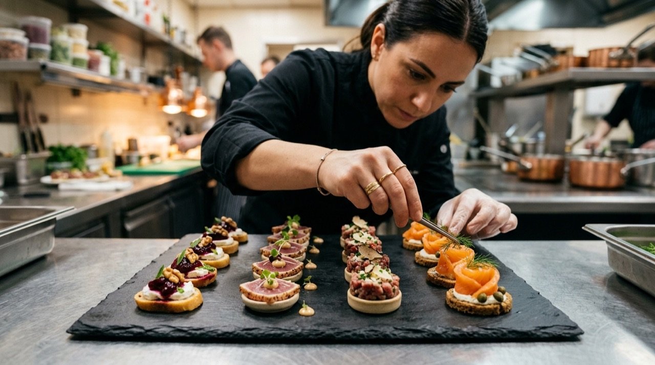 Montaje de canapés gourmet en hilera sobre tabla de pizarra para catering