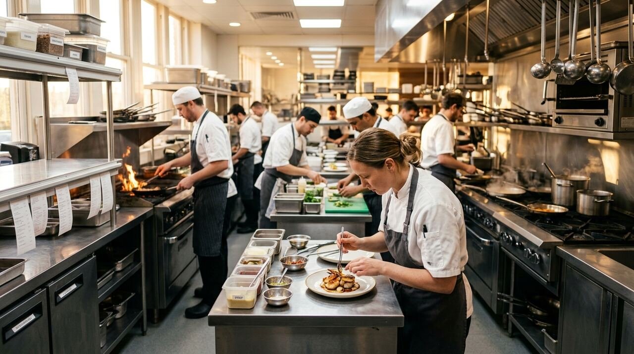 Cocina profesional de acero inoxidable con la brigada trabajando en servicio, flujos APPCC y estaciones organizadas