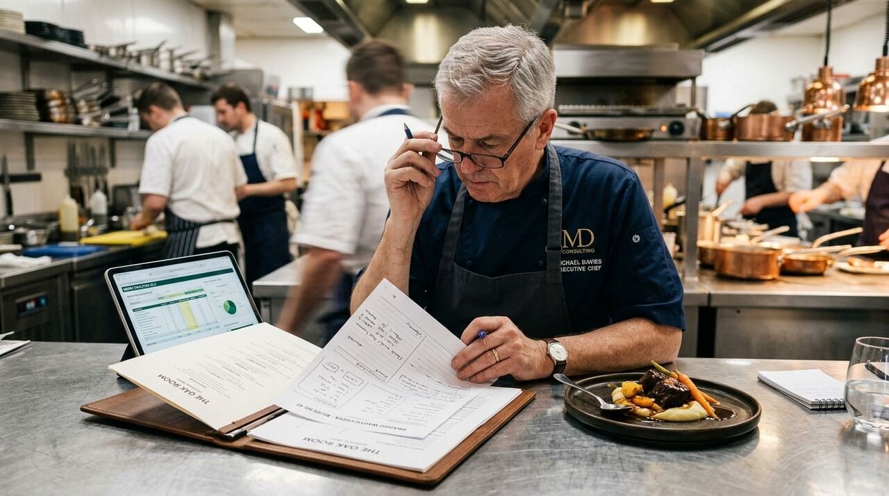 Chef consultor revisando una carta, fichas técnicas y una tablet en el pase de una cocina profesional