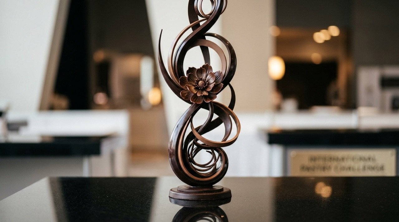 Showpiece escultórico de chocolate artístico de competición sobre superficie reflectante