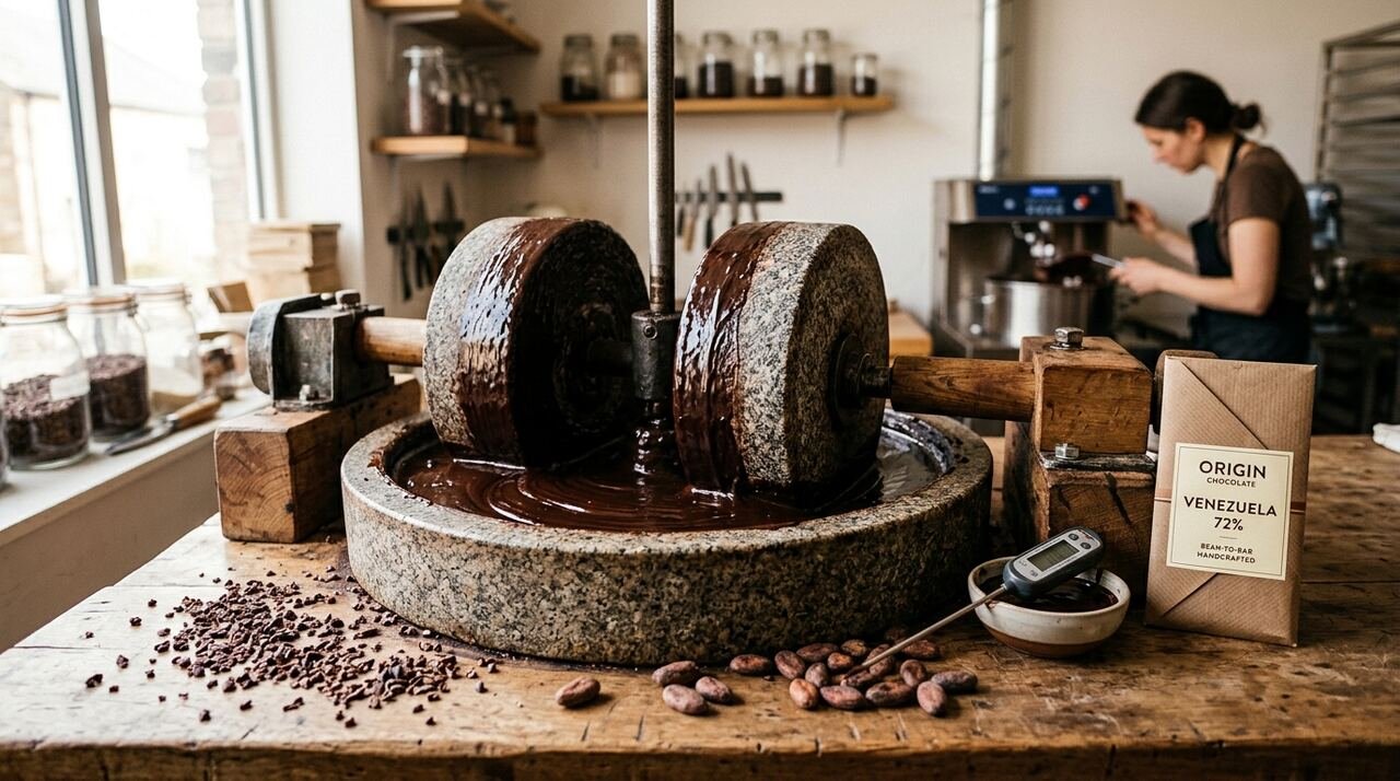 Obrador bean-to-bar con melanger de piedra moliendo masa de cacao, nibs tostados y una tableta de origen único