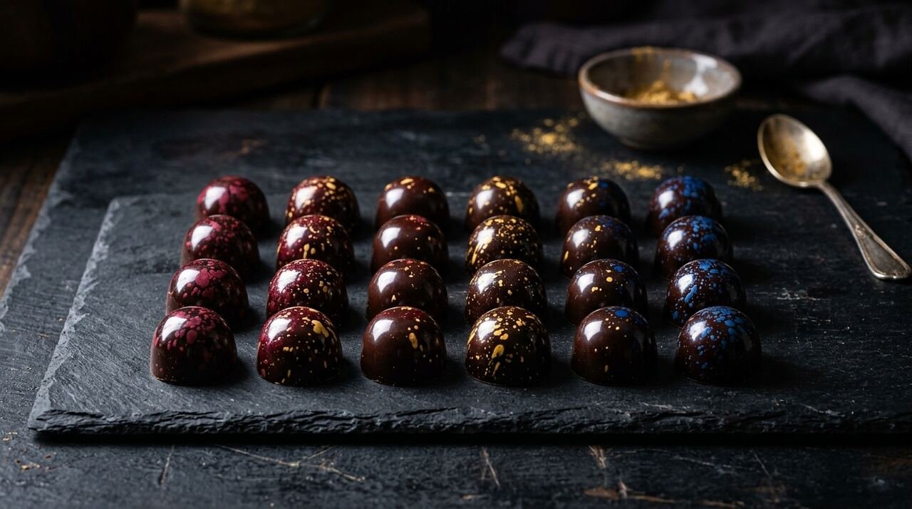 Colección de bombones artesanales de molde con decoración de manteca de cacao coloreada sobre pizarra oscura